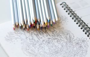 Empty coloring book and colored pencils
